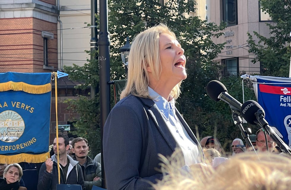 Frp-leder Sylvi Listhaug foran Stortinget med apell foran strømpris-demonstranter i ettermiddag. Foto: Redaksjonen